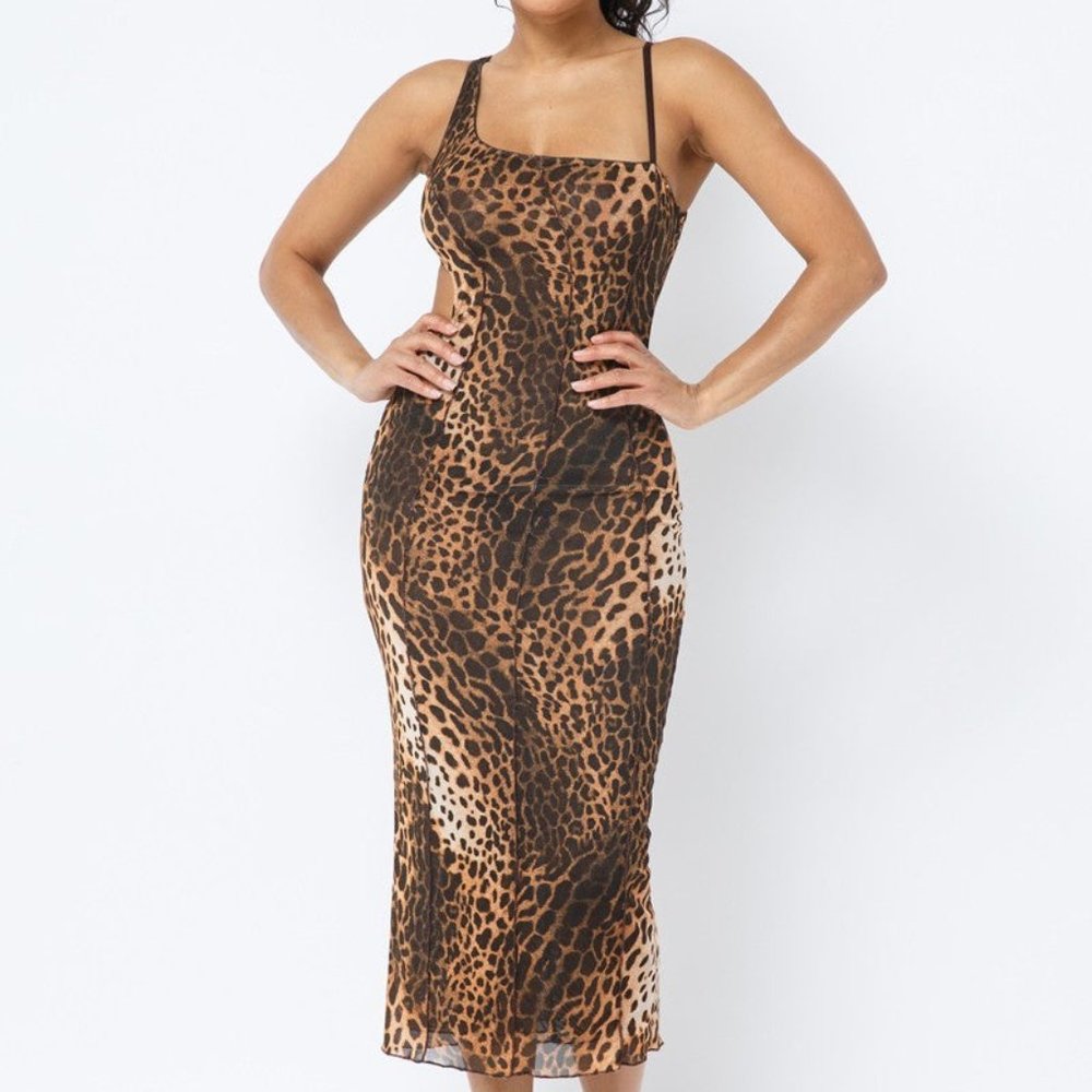 Women's Brown Leopard Animal Print Waist Side Cut Outs Midi Dress With Strap NWT